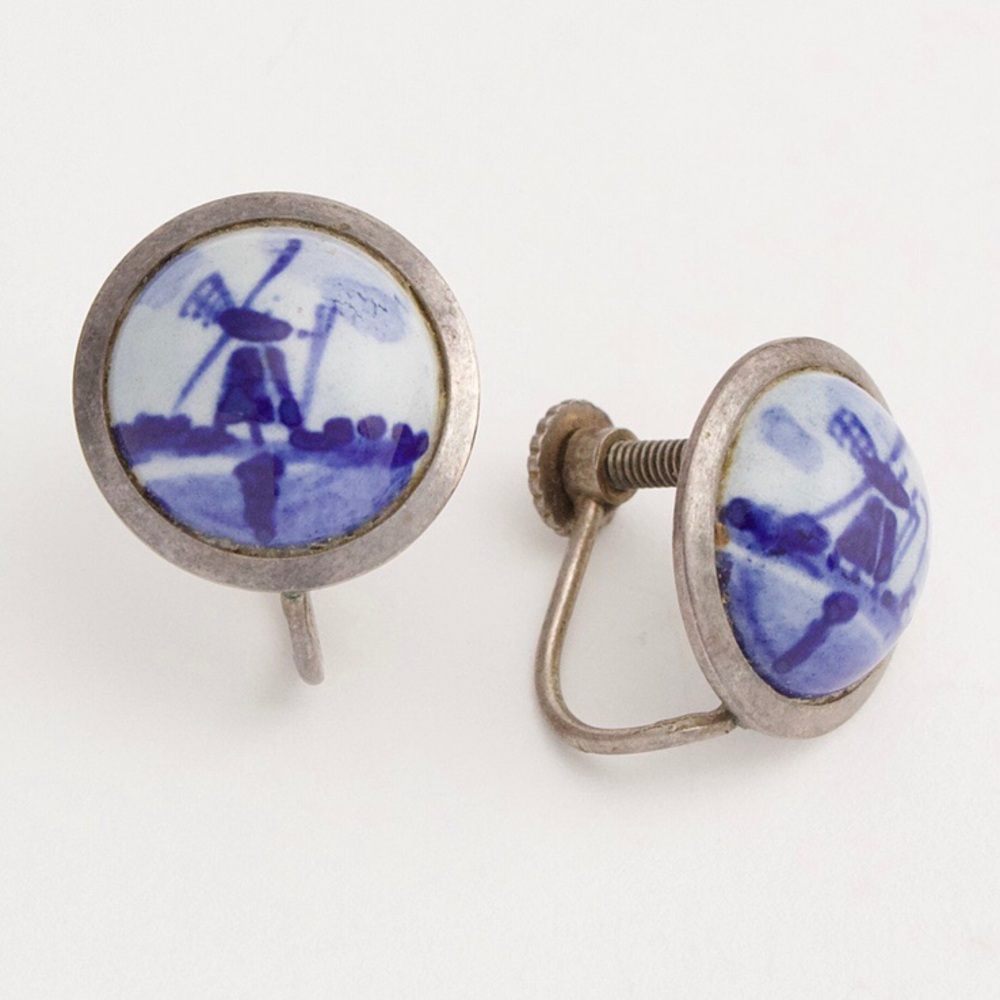 Vintage Dutch Windmill Screw Back Earrings Sterling Silver Blue Delft Porcelain